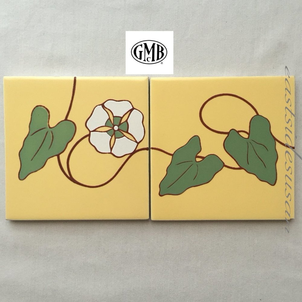 Vtg 40s Gladding McBean UNUSED Hermosa CA Pottery Floral TILES x2 RARE!